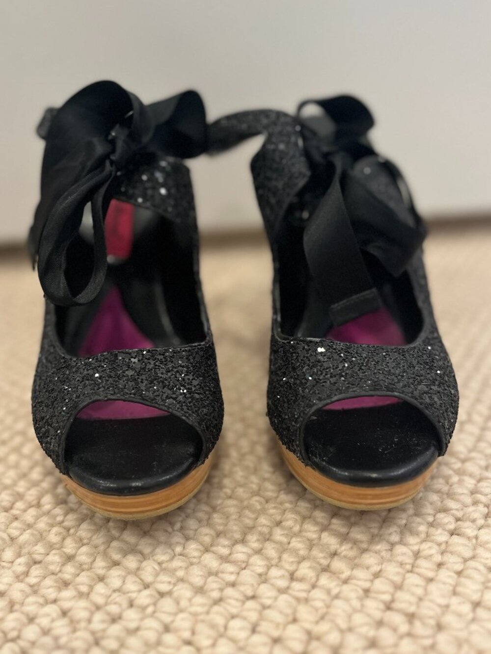 Vintage Betsey Johnson Glitter Platform Heels w/ Peep Toe and Satin Straps US 9